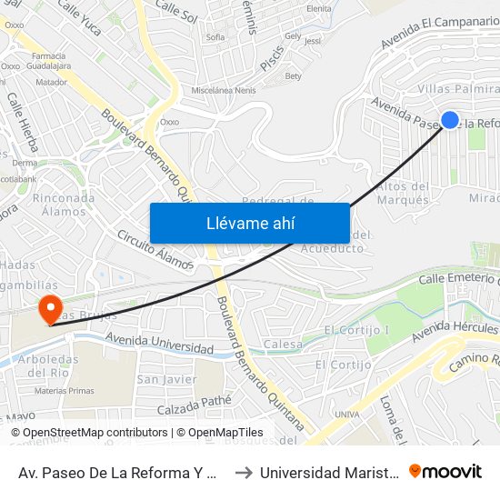 Av. Paseo De La Reforma Y Marques De Cadereyta to Universidad Marista De Querétaro map