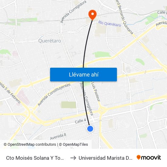 Cto Moisés Solana Y Tomasa Estevez to Universidad Marista De Querétaro map