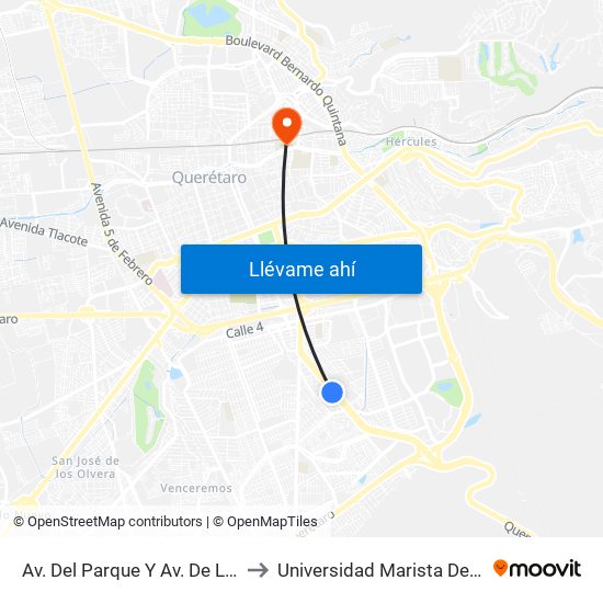 Av. Del Parque Y Av. De Las Huertas to Universidad Marista De Querétaro map