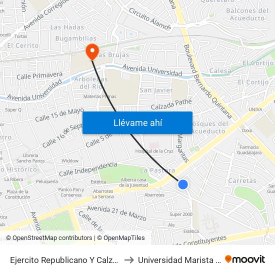 Ejercito Republicano Y Calzada De Los Arcos to Universidad Marista De Querétaro map