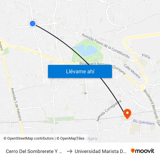 Cerro Del Sombrerete Y Quetzalcoatl to Universidad Marista De Querétaro map