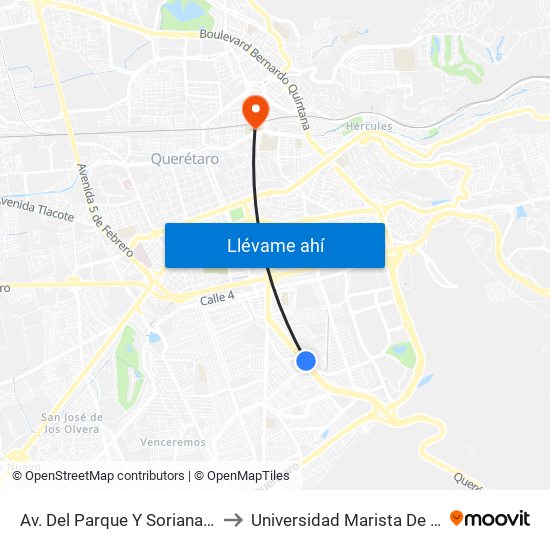 Av. Del Parque Y Soriana Huimilpan to Universidad Marista De Querétaro map