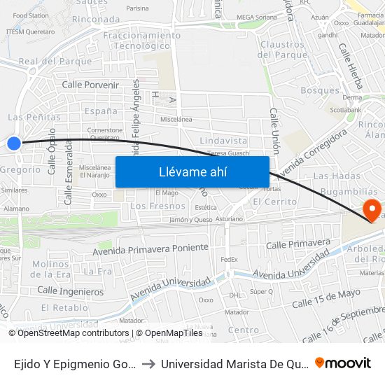 Ejido Y Epigmenio González to Universidad Marista De Querétaro map