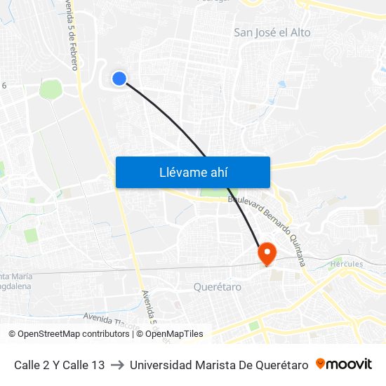 Calle 2 Y Calle 13 to Universidad Marista De Querétaro map