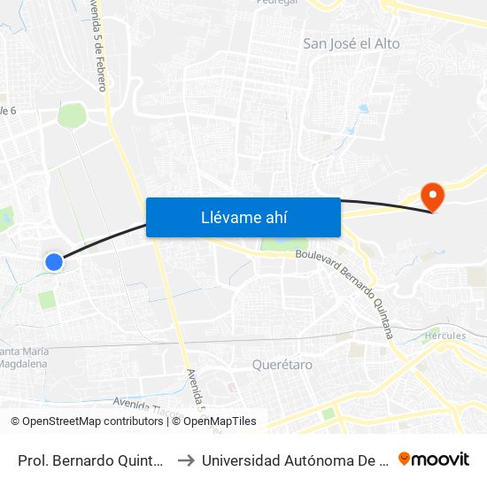 Prol. Bernardo Quintana Y Bosques De Oyamel to Universidad Autónoma De Querétaro Campus Aeropuerto map