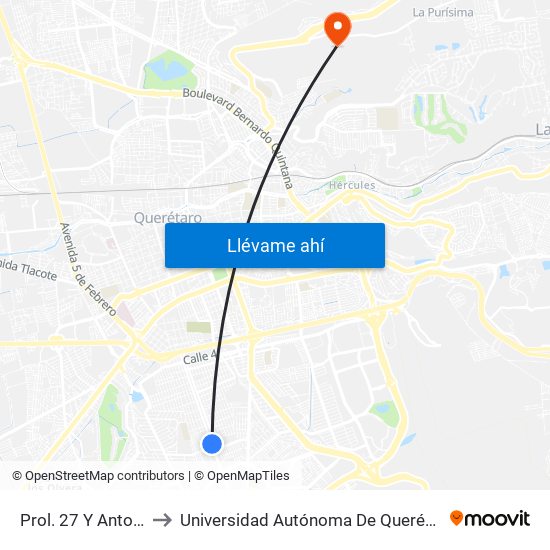 Prol. 27 Y Antonio Carranza to Universidad Autónoma De Querétaro Campus Aeropuerto map