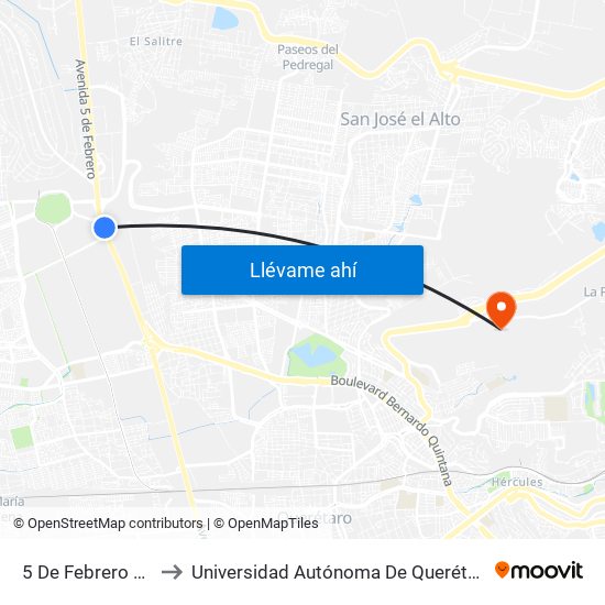 5 De Febrero Y Acceso IV to Universidad Autónoma De Querétaro Campus Aeropuerto map