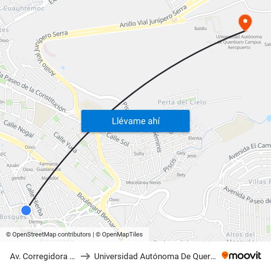 Av. Corregidora Y Plaza Dorada to Universidad Autónoma De Querétaro Campus Aeropuerto map