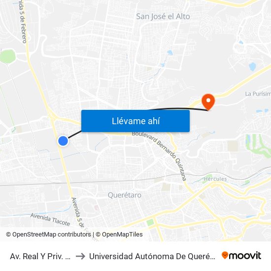 Av. Real Y Priv. 5 De Febrero to Universidad Autónoma De Querétaro Campus Aeropuerto map