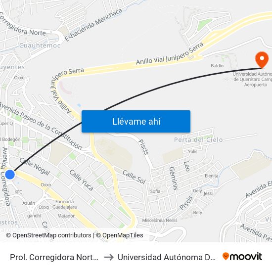 Prol. Corregidora Norte Y Plaza Del Parque Anden 1 to Universidad Autónoma De Querétaro Campus Aeropuerto map