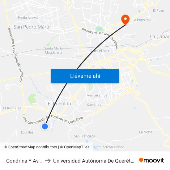 Condrina Y Av.Las Torres to Universidad Autónoma De Querétaro Campus Aeropuerto map