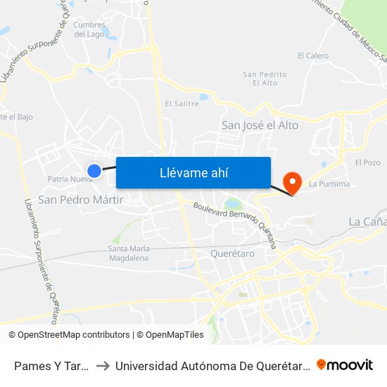 Pames Y Tarahumaras to Universidad Autónoma De Querétaro Campus Aeropuerto map