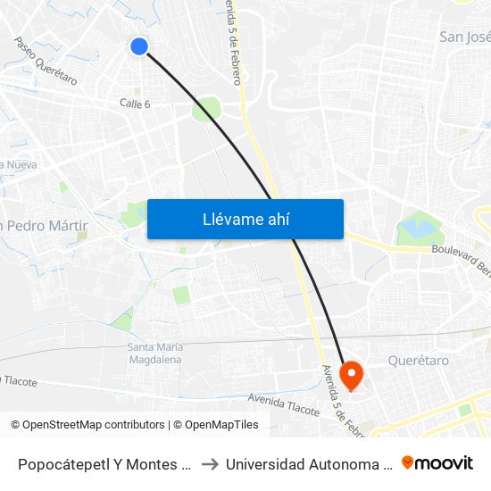 Popocátepetl Y Montes Escandinavos to Universidad Autonoma De Querétaro map