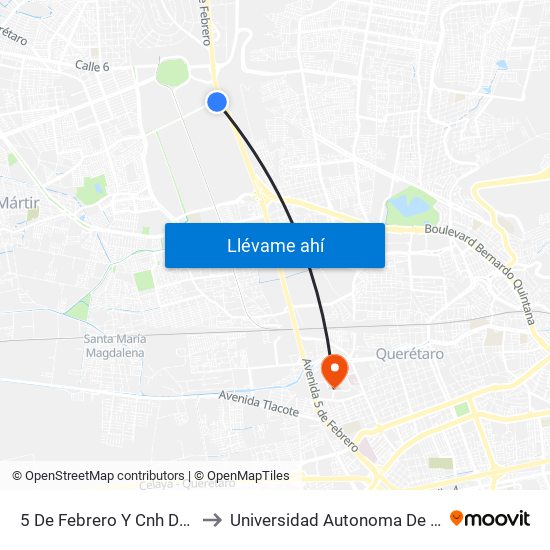 5 De Febrero Y Cnh De México to Universidad Autonoma De Querétaro map