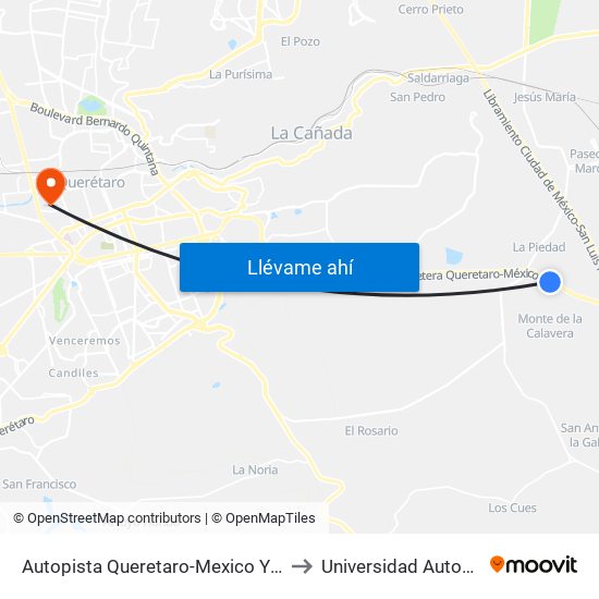 Autopista Queretaro-Mexico Y Parque Industrial El Marques to Universidad Autonoma De Querétaro map