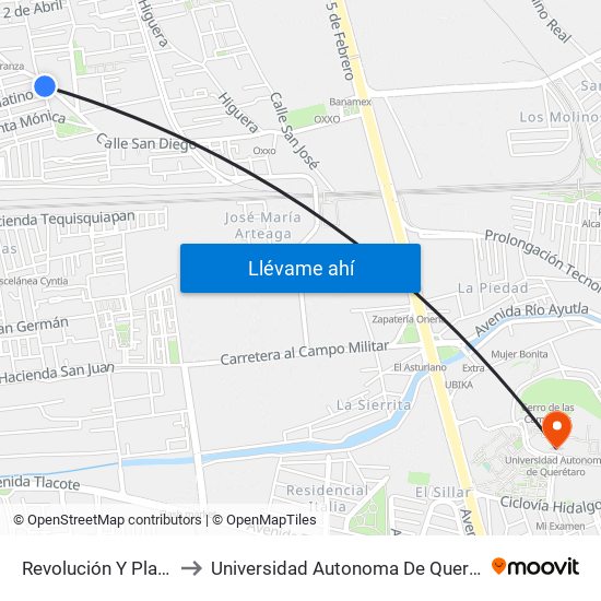 Revolución Y Platino to Universidad Autonoma De Querétaro map