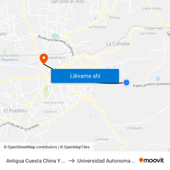 Antigua Cuesta China Y Puente Conin to Universidad Autonoma De Querétaro map