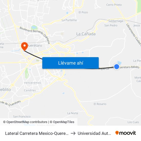 Lateral Carretera Mexico-Queretaro Y Guadalupe Ramirez Alvarez to Universidad Autonoma De Querétaro map
