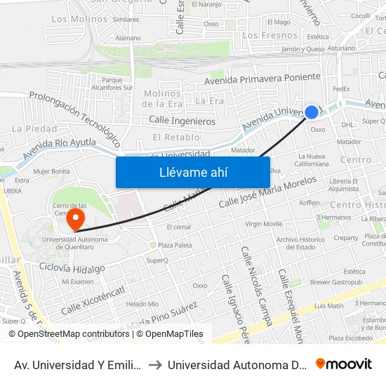 Av. Universidad Y Emilio Carranza to Universidad Autonoma De Querétaro map