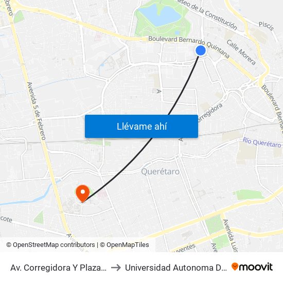 Av. Corregidora Y Plaza Del Parque to Universidad Autonoma De Querétaro map