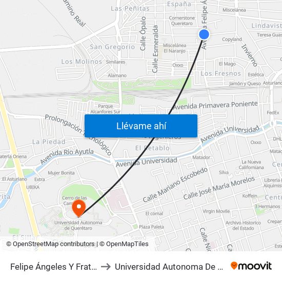Felipe Ángeles Y Fraternidad to Universidad Autonoma De Querétaro map
