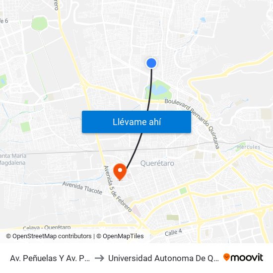 Av. Peñuelas Y Av. Paileros to Universidad Autonoma De Querétaro map