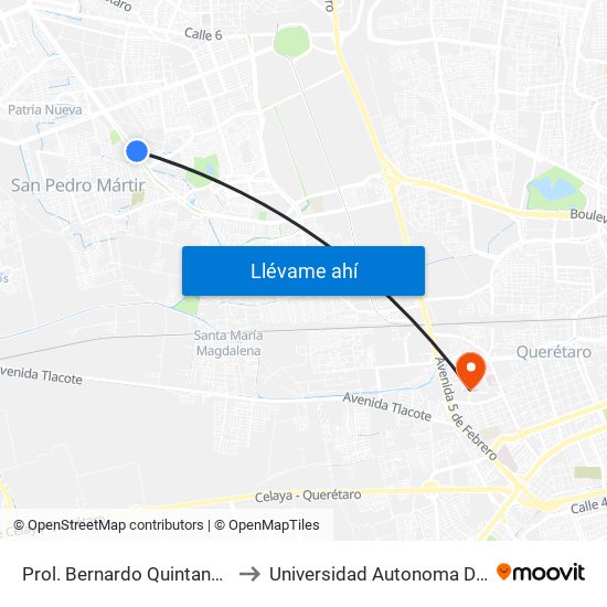 Prol. Bernardo Quintana Y Toltecas to Universidad Autonoma De Querétaro map