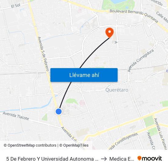 5 De Febrero Y Universidad Autonoma De Qro. to Medica Ebor map