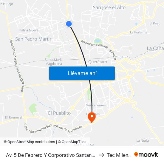 Av. 5 De Febrero Y Corporativo Santander to Tec Milenio map