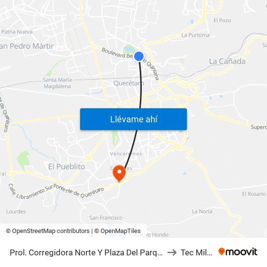 Prol. Corregidora Norte Y Plaza Del Parque Anden 1 to Tec Milenio map
