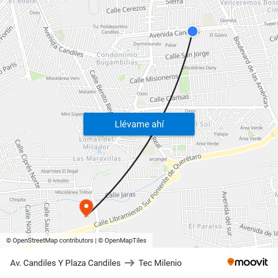 Av. Candiles Y Plaza Candiles to Tec Milenio map