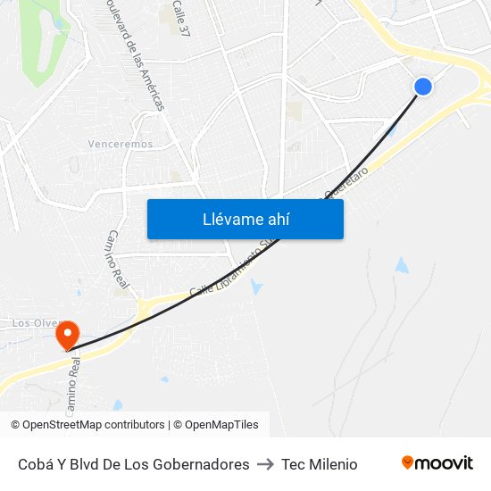 Cobá Y Blvd De Los Gobernadores to Tec Milenio map