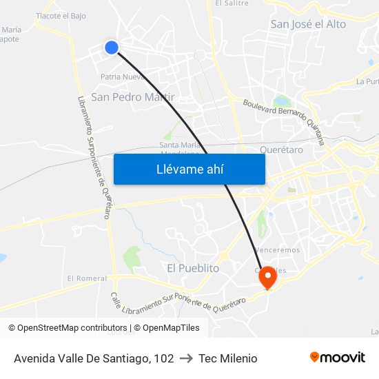 Avenida Valle De Santiago, 102 to Tec Milenio map