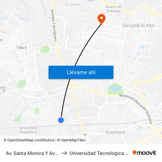 Av. Santa Monica Y Av. Revolucion to Universidad Tecnológica De Querétaro map