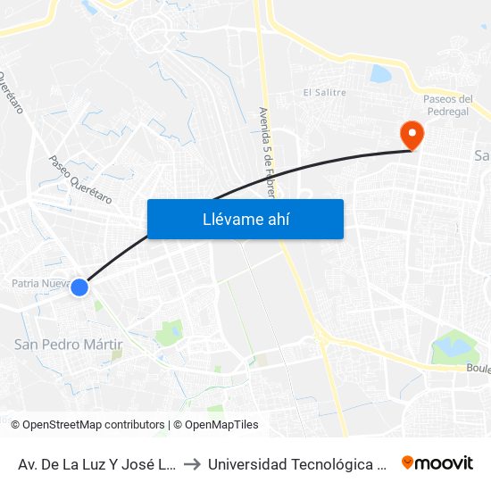 Av. De La Luz Y José Luis Cuevas to Universidad Tecnológica De Querétaro map