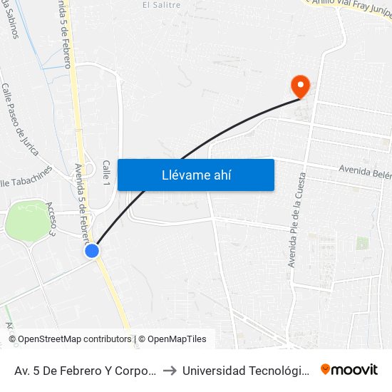Av. 5 De Febrero Y Corporativo Santander to Universidad Tecnológica De Querétaro map