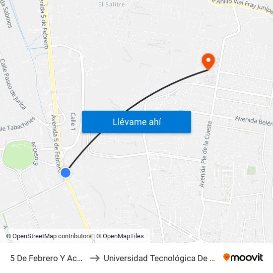 5 De Febrero Y Acceso IV to Universidad Tecnológica De Querétaro map