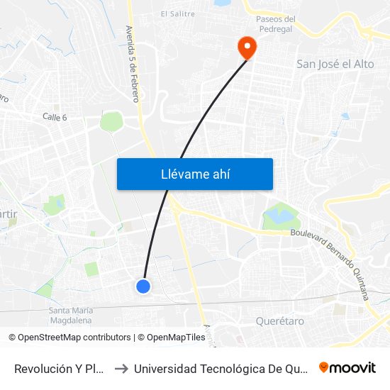 Revolución Y Platino to Universidad Tecnológica De Querétaro map