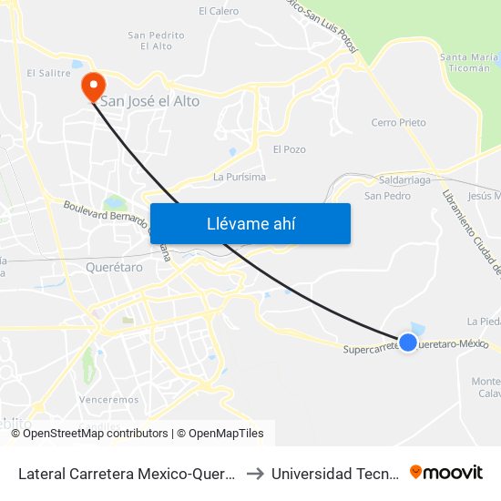 Lateral Carretera Mexico-Queretaro Y Guadalupe Ramirez Alvarez to Universidad Tecnológica De Querétaro map
