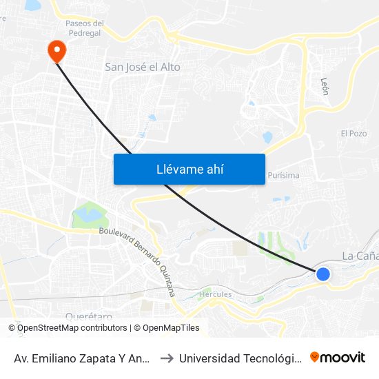Av. Emiliano Zapata Y Andador San Antonio to Universidad Tecnológica De Querétaro map