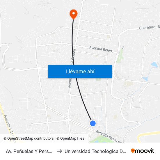 Av. Peñuelas Y Perseverancia to Universidad Tecnológica De Querétaro map