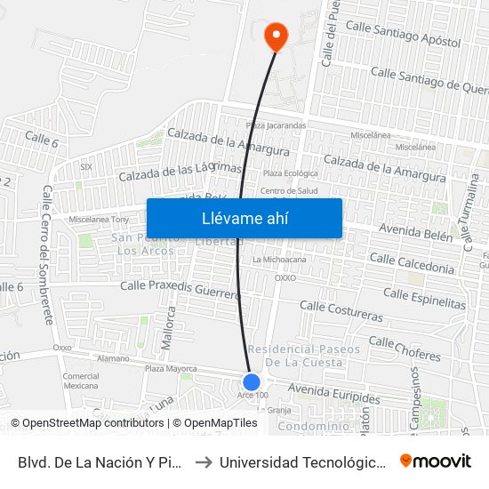 Blvd. De La Nación Y Pie De La Cuesta to Universidad Tecnológica De Querétaro map