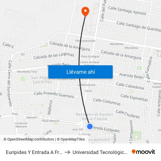 Eurípides Y Entrada A Fracc. Eurípides to Universidad Tecnológica De Querétaro map