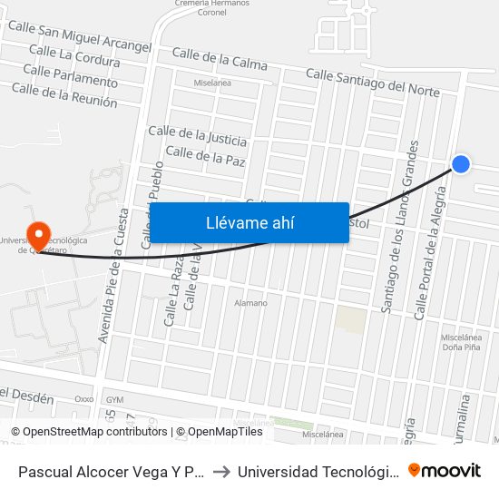 Pascual Alcocer Vega Y Portal De La Alegría to Universidad Tecnológica De Querétaro map