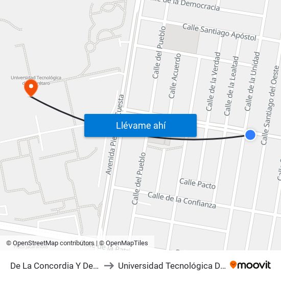 De La Concordia Y De La Unidad to Universidad Tecnológica De Querétaro map