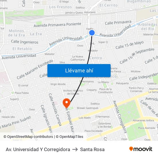 Av. Universidad Y Corregidora to Santa Rosa map
