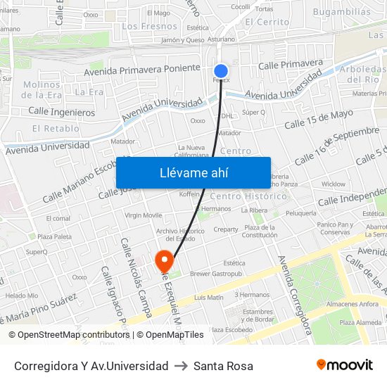 Corregidora Y Av.Universidad to Santa Rosa map