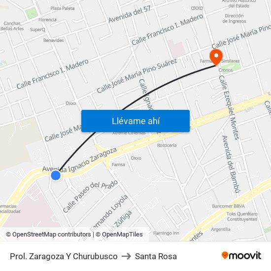 Prol. Zaragoza Y Churubusco to Santa Rosa map