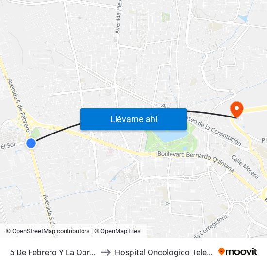 5 De Febrero Y La Obrera to Hospital Oncológico Teletón map