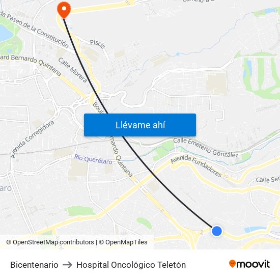 Bicentenario to Hospital Oncológico Teletón map